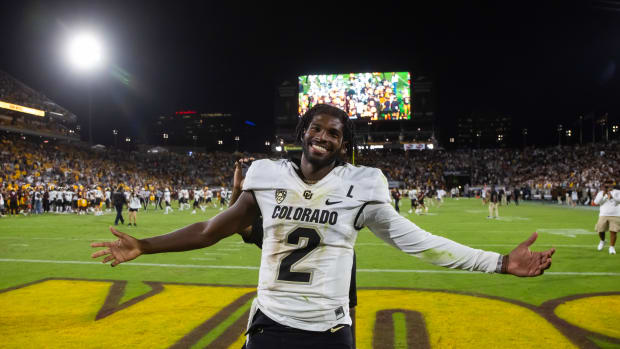 Oct 7, 2023; Tempe, Arizona, USA; Colorado Buffaloes quarterback Shedeur Sanders (2) celebrates after defeating the Arizona State Sun Devils at Mountain America Stadium, Home of the ASU Sun Devils. 